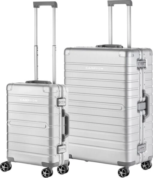 CarryOn Kofferset ULD - Luxe Aluminium Handbagage Koffer 55cm + 76cm Grote Reiskoffer - Dubbel TSA Slot - Zilver -Mode Bagage Winkel