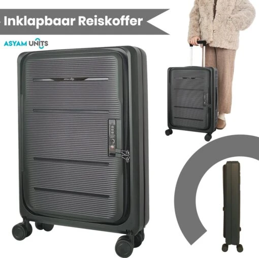 Asyam Units- Handbagage- Invouwbaar- Koffer- Koffer 38L- Spinner Wielen- TSA Slot- Lichtgewicht- Zwart -Mode Bagage Winkel