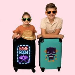 NoBoringSuitcases.com® Koffer - Trolley Op Wieltjes - Neon - Game Room - Tekst - Controller - Zwart - Reiskoffer - Past Binnen 55x40x20 Cm En 55x35x25 Cm - Koffertje - Trolley Handbagage -Mode Bagage Winkel 1200x1200 128