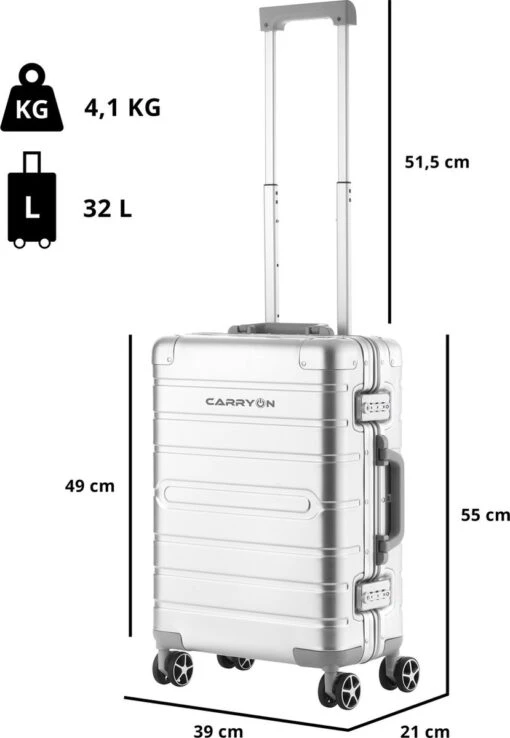 CarryOn ULD Handbagage - Luxe Aluminium Trolley 55cm - Dubbel TSA Slot - Dubbele Wielen - Aluminium -Mode Bagage Winkel