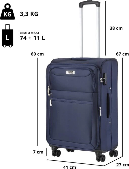 TravelZ Softspinner TSA Kofferset - 3-delige Zachte Trolleyset - Dubbele Wielen En Voorvakken Blauw -Mode Bagage Winkel 914x1200 2