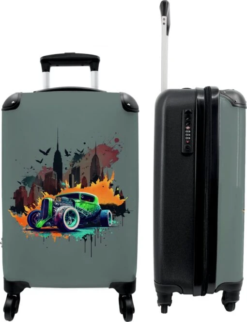 NoBoringSuitcases.com® Auto - Graffiti - New York - Groen - Koffer Kinderen - Kind - Reiskoffer Met Wielen - Koffer Jongens - Past Binnen 55x40x20 Cm En 55x35x25 Cm - Fotokoffer - Handbagagekoffer -Mode Bagage Winkel