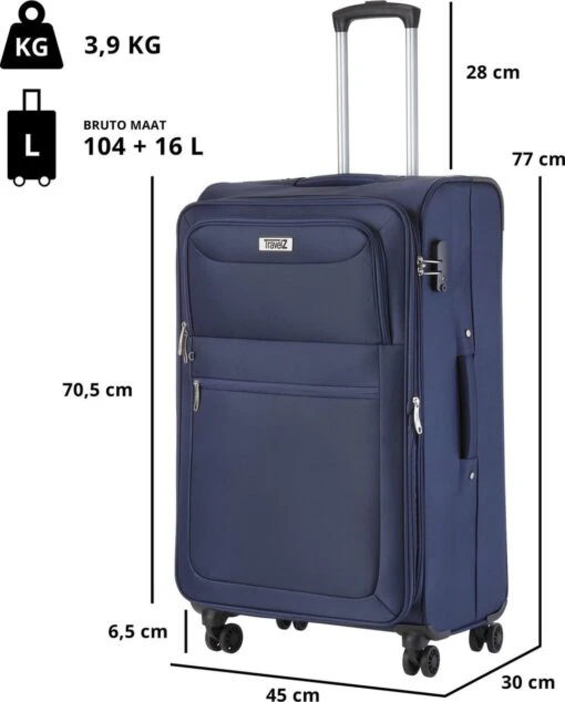 TravelZ Softspinner TSA Kofferset - 3-delige Zachte Trolleyset - Dubbele Wielen En Voorvakken Blauw -Mode Bagage Winkel 965x1200 3